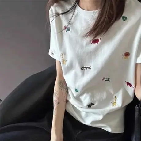 卡通刺绣短袖T恤女夏季2025新款宽松韩版打底衫内搭外穿圆领上衣图片