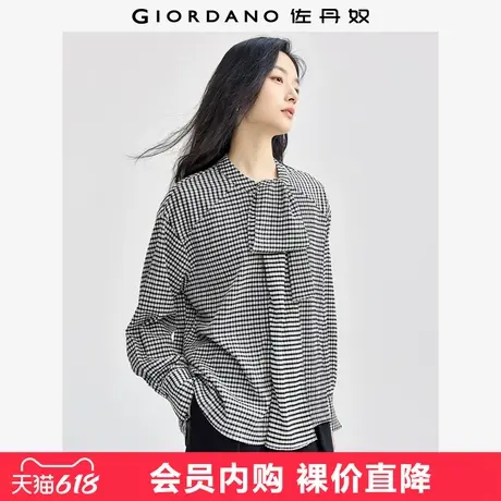 佐丹奴肌理感宽松衬衫女复古领结小立领插肩长袖格子衬衫18344805图片