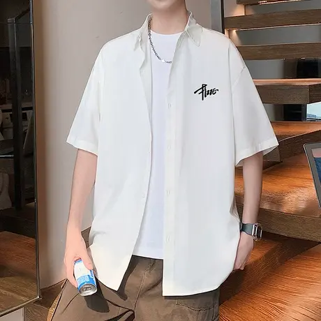 短袖衬衫男夏季2025新款美式休闲翻领寸衫高街潮牌大码衬衣外套潮商品大图