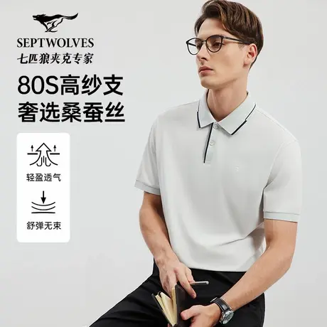 七匹狼短袖t恤男士2025新款夏季桑蚕丝冰丝休闲高端翻领polo衫男商品大图