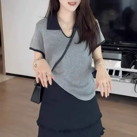 冰丝针织v领短袖t恤女夏季韩系设计感小众显瘦超好看独特漂亮上衣商品大图