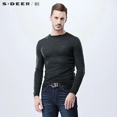 sdeerhe圣迪奥男装莱赛尔纤维羊毛混纺条纹针织长袖T恤H15173577图片
