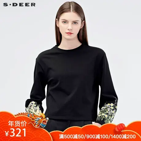 sdeer 圣迪奥2019秋女休闲圆领绣花喇叭袖棉短款T恤S19180231图片