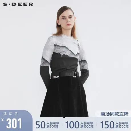 sdeer圣迪奥2021冬装新品简约半高领水墨晕染长袖T恤女S21480218图片