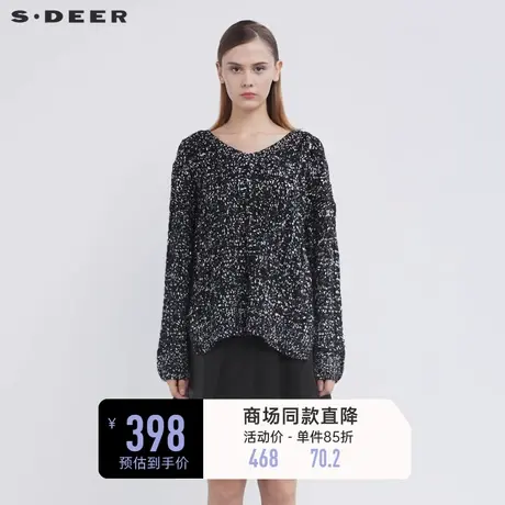 【商场同款】sdeer圣迪奥罗纹V领撞色钩花针织衫S21483527图片