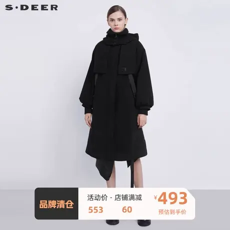 sdeer圣迪奥女装外套高领连帽字母织带开衩黑色长款大衣S21481817🐏商品大图