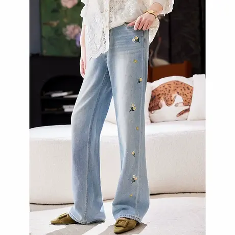 宝诗黎刺绣烫钻阔腿蓝色牛仔裤2025夏季百搭显瘦大码直筒休闲裤女图片
