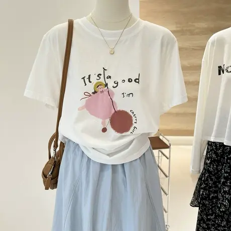夏季新款韩系百搭卡通印花宽松减龄显瘦短袖打底衫T恤女雪花棉商品大图