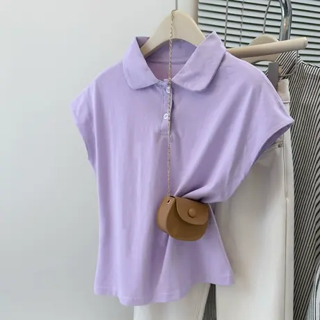美式辣妹风Polo领短袖T恤女夏季韩版修身设计感小众插肩袖上衣服商品大图