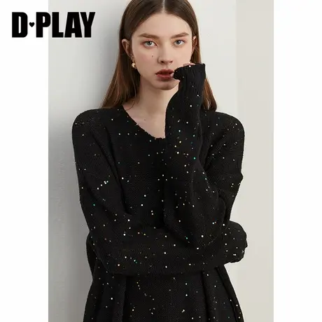 DPLAY【惠品】年冬季通勤黑色圆领亮片混纺宽松针织衫上衣女商品大图