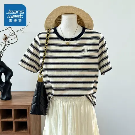 XB真维斯斑马纹韩系针织上衣女夏条纹宽松短袖T恤ins风慵懒显瘦商品大图