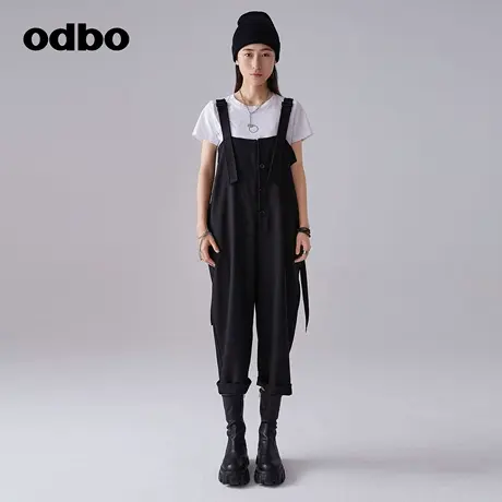 【商场同款】odbo/欧迪比欧黑色背带连衣裤女显瘦高腰百搭工装裤商品大图