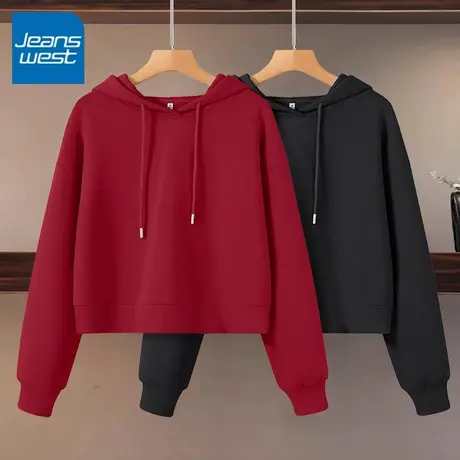 KV真维斯红色连帽卫衣女2025新款春秋季休闲宽松通勤小个子上衣女商品大图