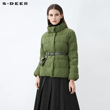 sdeer圣迪奥时尚高领肌理褶皱收腰短款绿色羽绒服女S21482471🤞商品大图