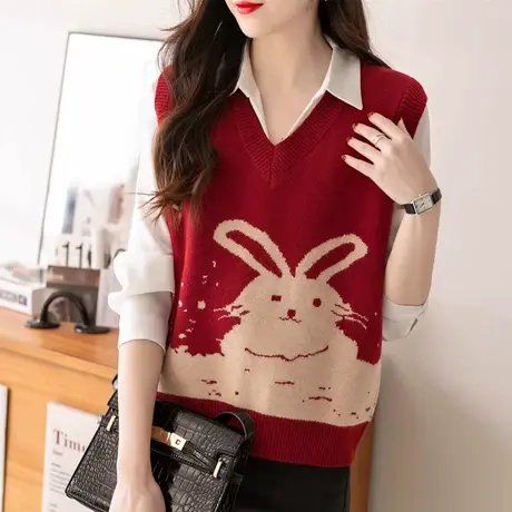 本命服新年穿搭秋冬卡通减龄红色针织马甲背心女士叠穿毛衣坎肩潮商品大图
