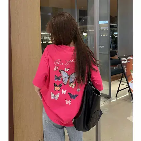 玫红色趣味蝴蝶印花短袖T恤女2025新款韩版夏季宽松休闲大版上衣商品大图