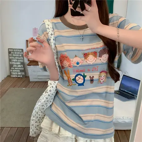 卡通撞色条纹短袖t恤女2025新款夏季美式宽松洋气减龄学院风上衣商品大图