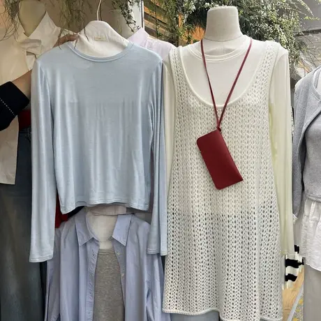 韩版莫代尔面膜长袖T恤女春夏秋正肩白色内搭打底衫短款防晒上衣商品大图