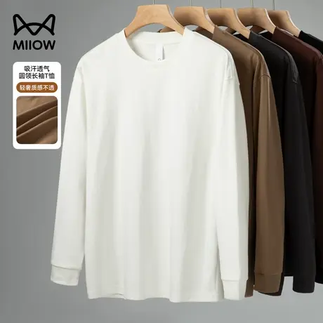 猫人重磅长袖t恤男春秋季高级感宽松卫衣纯白色内搭圆领打底衫潮图片