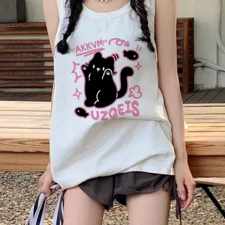 纯棉吊带坎肩背心无袖t恤女2025夏外穿中长款宽松慵懒风挂脖上衣商品大图