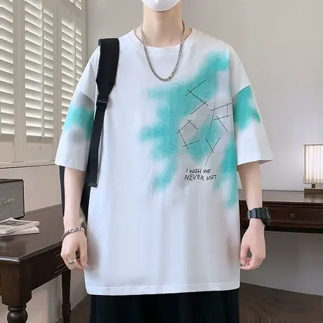 美式扎染短袖男夏季落肩袖宽松t恤半袖男潮流痞帅上衣青少年体恤图片
