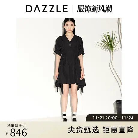 刘雯同款DAZZLE地素奥莱 春夏黑色系带收腰大摆短袖连衣裙女图片