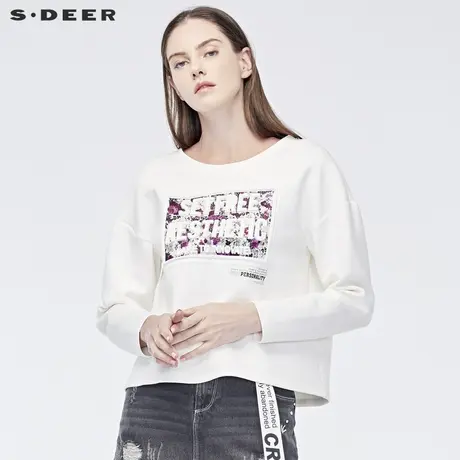 sdeer圣迪奥2019春女圆领字母印胶碎花图案落肩袖卫衣S19182239图片
