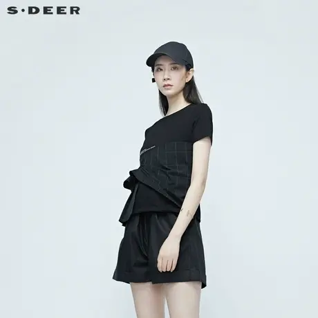 sdeer圣迪奥女装格纹拼接印花T恤S20280153图片