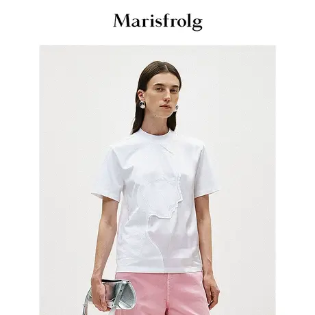 【艺术匠坊】玛丝菲尔春季白色圆领刺绣短袖女纯棉T恤图片