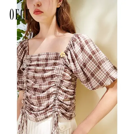 Oece春夏装新款女装 文艺甜心复古格纹个性可爱系带短袖上衣商品大图
