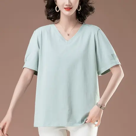 妈妈纯棉短袖T恤女夏季新款宽松加肥加大码女装中老年纯色v领体恤图片