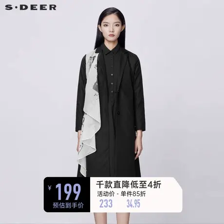 sdeer圣迪奥女装春装西装领印花雪纺拼接收腰长款风衣S21381806图片