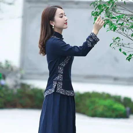 筠雅唐装女中国风旗袍式上衣长袖茶服复古时尚中式两件套民国女装商品大图