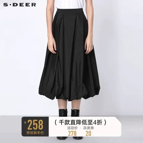 sdeer圣迪奥春秋装女文艺休闲压褶不规则黑色长裙女S21361113🐴商品大图