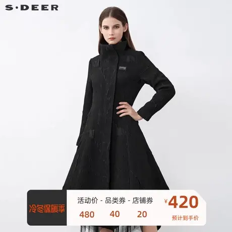 sdeer圣迪奥女装时尚高领肌理褶皱字母不规则长款风衣S21481801图片