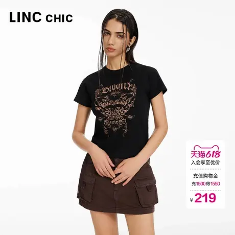 LINCCHIC金羽杰修身上衣短袖女性感插肩短袖圆领T恤女S242FK340Y图片