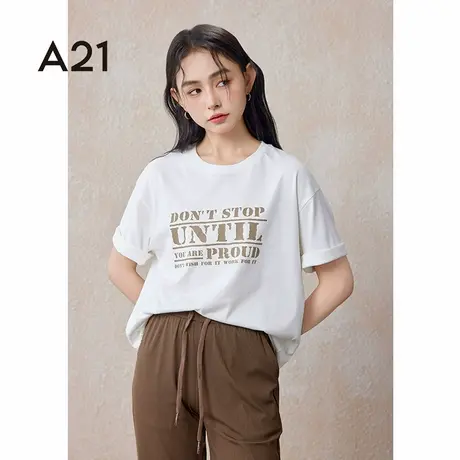 A21女装针织宽松圆领落肩短袖T恤夏季美式潮牌纯棉重磅打底衫上衣商品大图