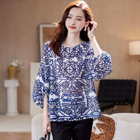 宝诗黎【新品价168元】圆领七分袖印花衬衫TR4057图片