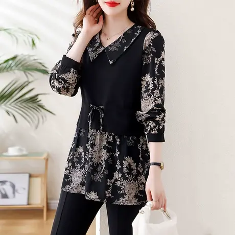 假两件娃娃领衬衫女秋装新款大码中长款胖MM宽松显瘦遮肚子女上衣商品大图