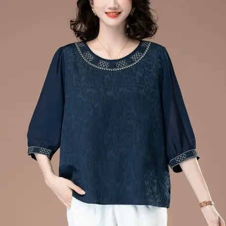 七分袖雪纺衫女夏季宽松加肥加大码中老年妈妈装洋气中袖小衫上衣商品大图