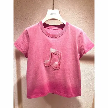 粉色渐变音符短袖t恤女夏季2024新款设计感小众独特别致正肩上衣商品大图