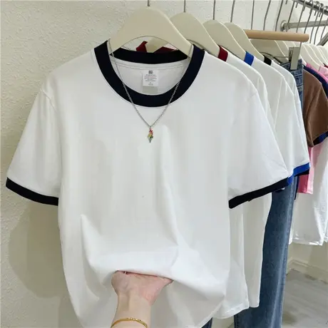 拼接撞色圆领短袖T恤女夏季2025新款宽松显瘦纯棉打底衫上衣体恤商品大图