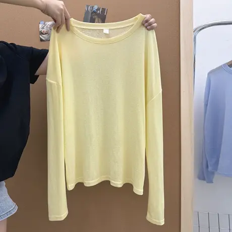 简约纯色薄款微透长袖防晒衫女夏季韩版宽松外搭空调罩衫T恤上衣图片