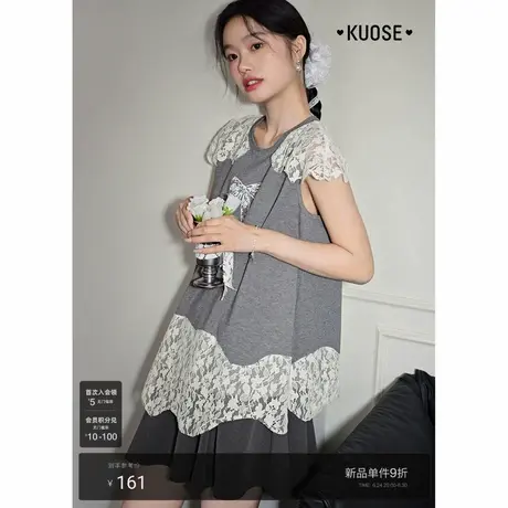 阔色灰色蕾丝拼接蝴蝶结t恤不规则上衣2025夏季新款女小众设计感商品大图