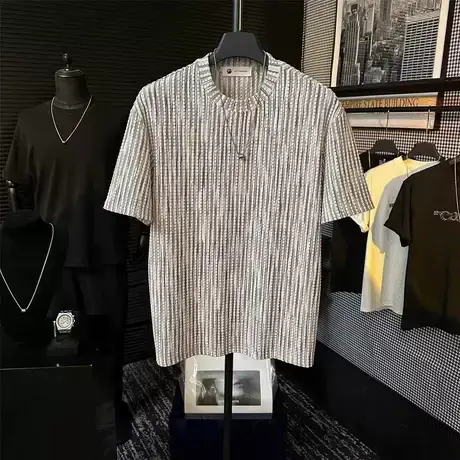 短袖T恤男士2025夏季新款老钱风提花彩虹肌理冰感时尚体恤上衣服图片