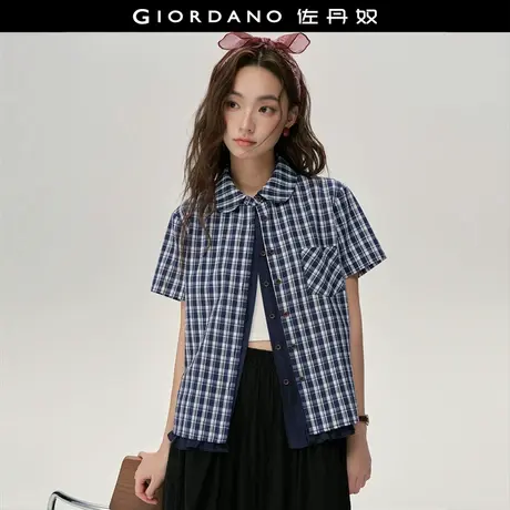 设计师款佐丹奴假两件衬衫女复古风格纹花边下摆短袖衬衫18345820图片