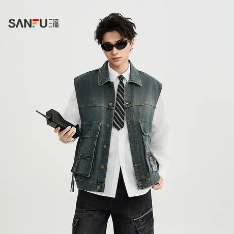 三福2025秋季男士大口袋牛仔马甲 街头翻领宽肩无袖外套505340图片