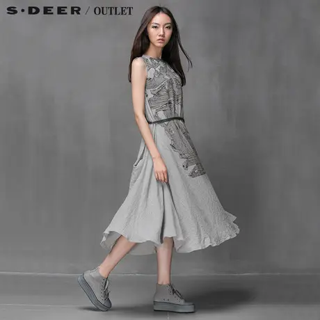 s.deer【新品】圣迪奥女灰色内敛艺文印花优雅连衣裙S15181201图片