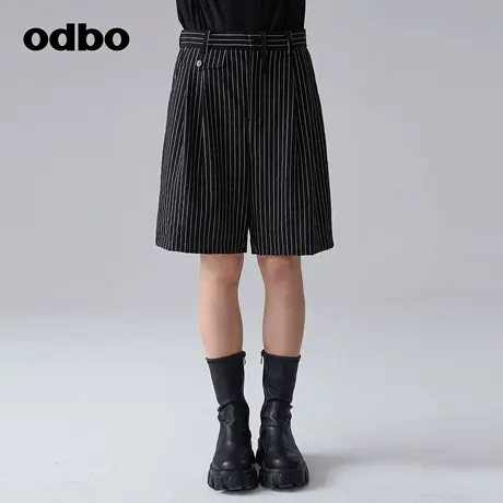 odbo/欧迪比欧复古简约气质黑色休闲裤女春季新款百搭条纹五分裤商品大图