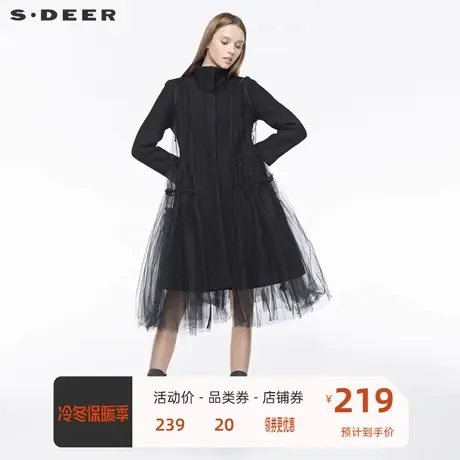 sdeer 🗜圣迪奥女装休闲高领不规则网纱两件套纯黑大衣S19481820商品大图